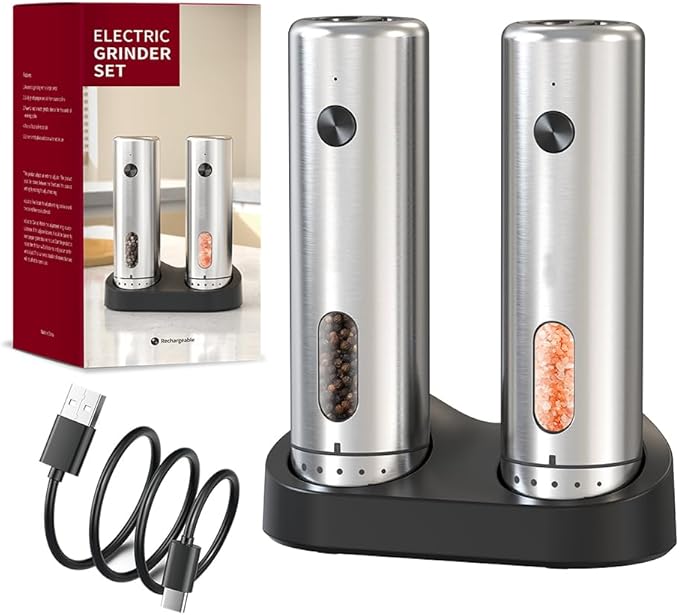 Upgraded Larger 110ml CapacityElectric Salt & Pepper Grinder Set of 2 with LED Light,6 Adjustable Coarseness,Stainless Steel with USB C Charging Dual Rechargeable Base for Women &Men