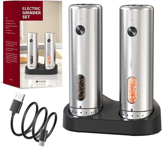 Upgraded Larger 110ml CapacityElectric Salt & Pepper Grinder Set of 2 with LED Light,6 Adjustable Coarseness,Stainless Steel with USB C Charging Dual Rechargeable Base for Women &Men