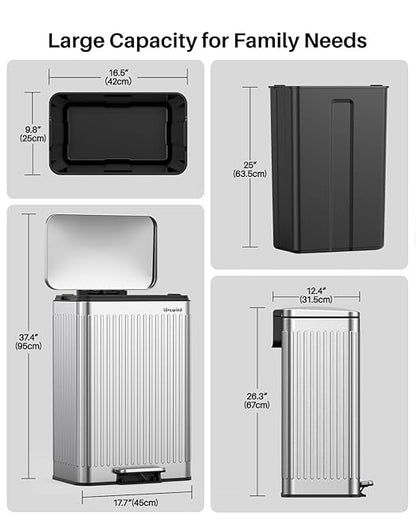 Lovewind 60 Liter/ 16 Gallon Stainless Steel Trash Can with Soft-Close Lid, Large Footstep Garbage Can with Roman Texture, Removable Inner Buckets, Recycling Bin for Kitchen Office, Silver