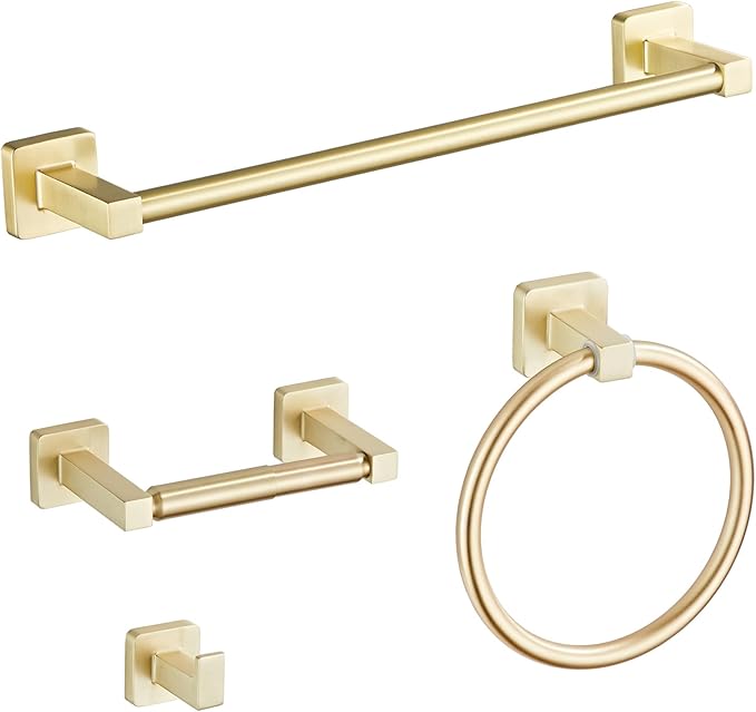 Brusehd Light Gold Bathroom Hardware Set 4 Pieces,Towel Bar Set Stainless Steel Wall Mounted, Includes 16In Hand Towel Bar, Towel Ring, Robe Towel Hooks,Toilet Paper Holder, Bathroom Towel Rack Set… by bluebyrne