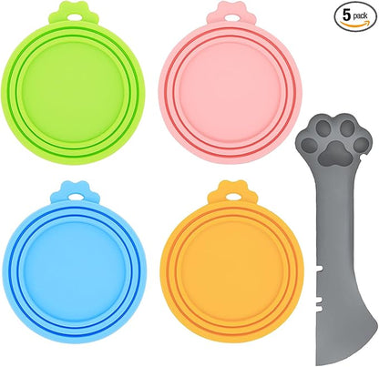 Food Can Spoon & Lids, One Multi-Functional Opener Spatula, 4 PCS BPA Free Silicone Universal Can Covers, Cute Paw Shape Spoon for Cat Dog Wet Food (Grey)