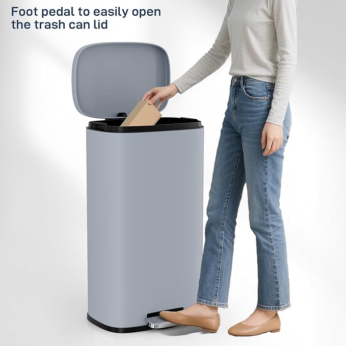 Arlopu 8/13.2 Gallon Step Trash Can, Stainless Steel Garbage Bin, Soft-Close Rubbish Bin with Removable Plastic Inner Bucket, Fingerprint-Proof, Lid Dustbin, Suit for Kitchen Home (Haze Blue, 30L)