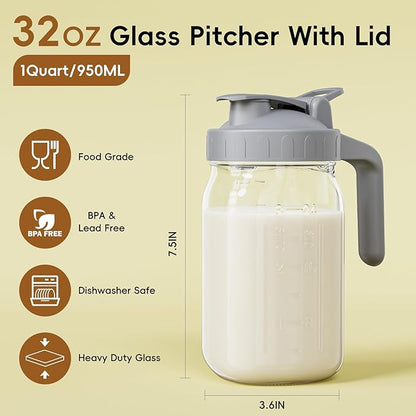 JunVpic Breast Milk Pitcher - 32 oz Glass Mason Jar with Dual Leak-Proof Design, Airtight Seal, Pour Spout & Handle, Storage Container for Breastmilk, Iced Tea & Ice Drinks（Gray） - Image 2