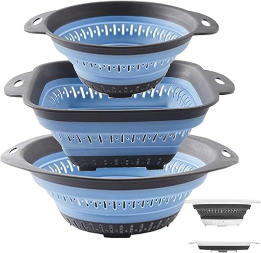 Collapsible Colander and Strainer,Silicone Strainer Colanders & Food Strainers,for Vegetable and Fruit, Kitchen Essentials (3, Blue, 1.3L+2.1L+2.5L) by LogFaadCoi
