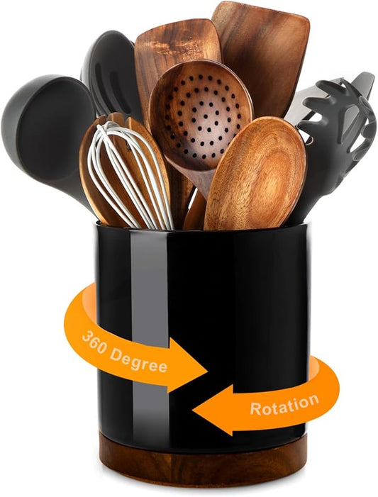 Nucookery 360°Rotating Utensil Holder, 7.2" Large Utensil Crock, White Ceramic Cooking Utensil Organizer,Farmhouse Kitchen Decor Christmas Thanksgiving Gift (Black) by Nucookery