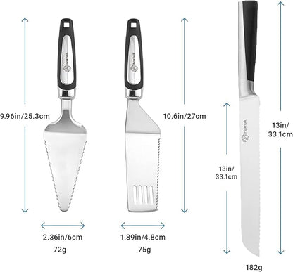 Pie Server Spatula and Cake Cutter Slicer, Stainless Steel Set - Kitchen Essentials for Cutting & Serving Desserts, Brownies, Lasagna (Black, 13 inches)