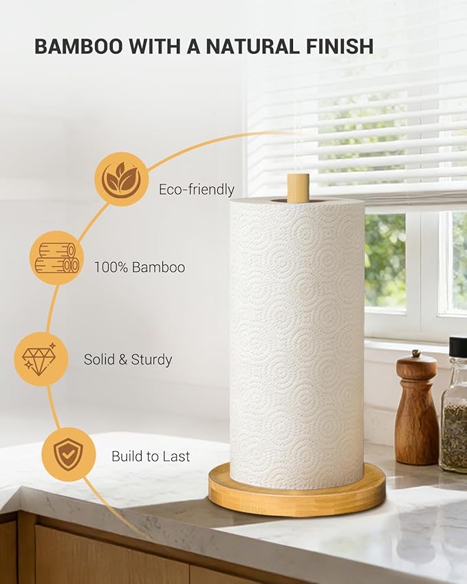 NESAPTO Paper Towel Holder Countertop, Wooden Freestanding Paper Towel Stand for Modern Farmhouse & Cottagecore Decor, Kitchen Bathroom Essential, Bamboo - Image 5