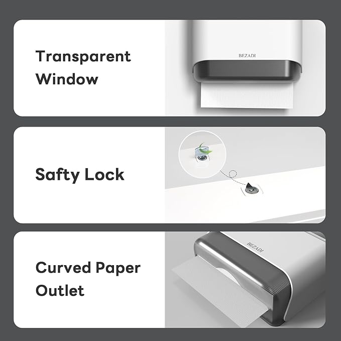 Paper Towel Dispenser,Large Capacity Wall Mount Tissue Dispensers with Smart Lock, Used for Kitchen and Bathroom 200+ Sheets White Toilet Paper Holders
