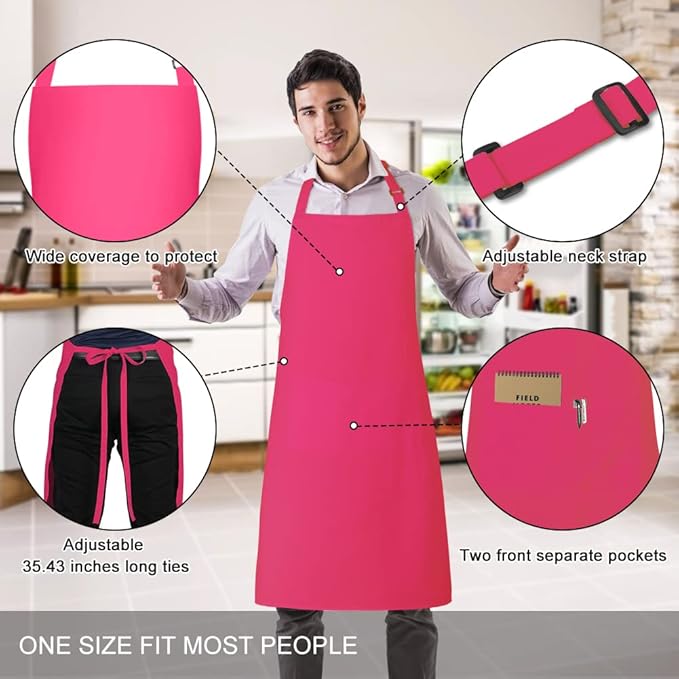 Jubatus 2 Pack 100% Cotton Aprons with 2 Pockets Cooking Chef Kitchen Adjustable Bib Apron for Women Men, Hot Pink - Image 2