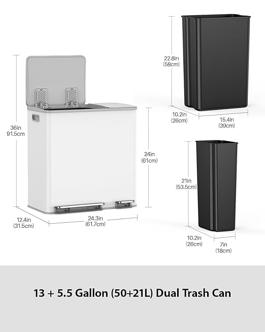Lovewind Double Trash Can Kitchen, 13+5.5 Gallon Stainless Steel Dual Trash and Recycle Bin Combo with Silent Close Lid, Heavy-Duty Foot Pedal, Easy to Clean Garbage Can for Large Families, White