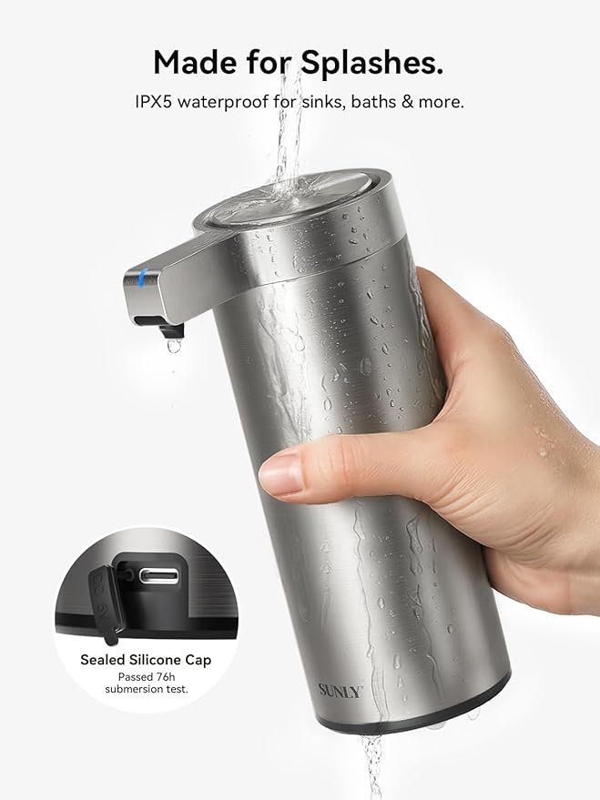SUNLY Touchless Automatic Soap Dispenser – Clog-Free Pump, 0.2s Fast Sensor, USB-C Rechargeable, Smudge-Resistant Stainless Steel, for Kitchen & Bathroom Soap Dispenser - Image 7