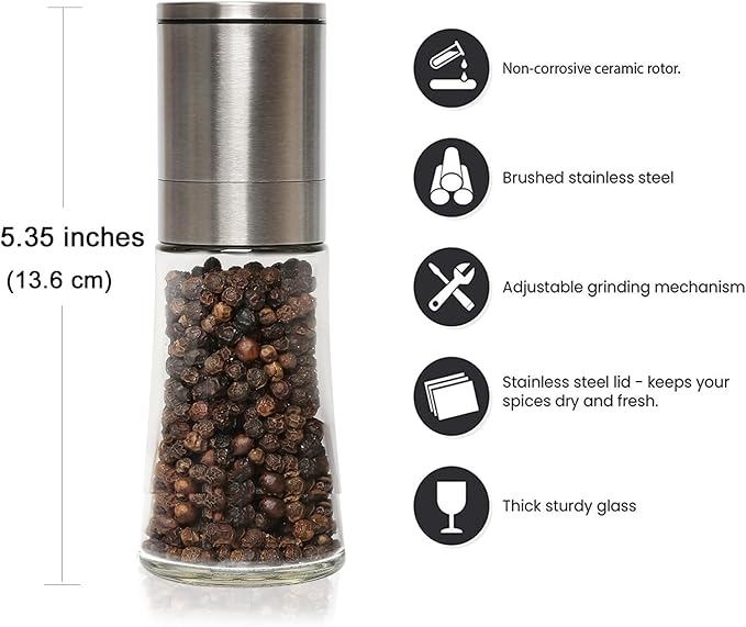 Original Stainless Steel Pepper Grinder or Salt Mill 1pk - Coarseness Adjustable Sea Salt Grinder or Pepper Mill Grinder - Small Manual Salt Pepper Shakers with Glass Container - Image 5