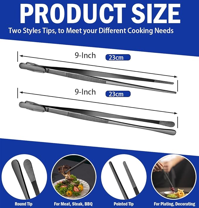 JETKONG 2 Pcs 9-Inch Food Tweezer Tongs, Stainless Steel Kitchen Tweezer Cooking Tweezers (Black) - Image 3