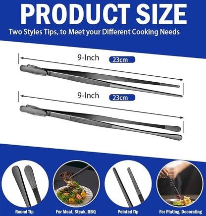JETKONG 2 Pcs 9-Inch Food Tweezer Tongs, Stainless Steel Kitchen Tweezer Cooking Tweezers (Black) - Image 3