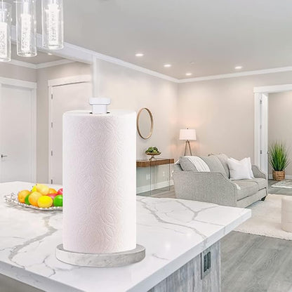 Paper Towel Holder Countertop, Standing Paper Towel Roll Holder for Kitchen Bathroom, with Weighted Marble Base for One-Handed Operation (White), White Marble Paper Towel Holder - Image 4