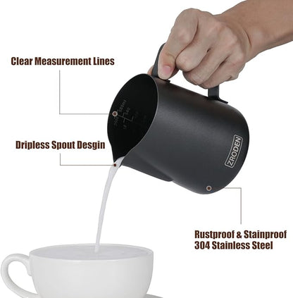 Milk Frothing Pitcher, 20oz Espresso Steaming Pitchers Stainless Steel Cappuccino Coffee Machine Accessories Barista Tools Steam Froth Pitchers Milk Jug Cup with Decorating Pen Latte Art, Matte Black
