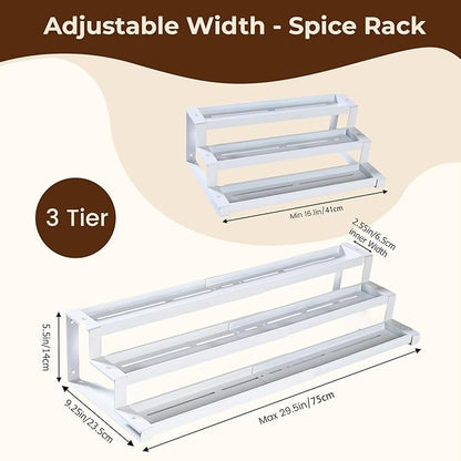 3-Tier Spice Rack Organizer for Kitchen Cabinet or Pantry, 16"-29" Expandable Spice Organization Shelf, Seasoning Organizer, Metal Display Shelf, Slip-Resistant Design for Jars and Bottles, White - Image 2