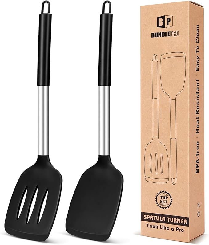 Pack of 2 Silicone Solid Turner, Non Stick Slotted Kitchen Spatulas, High Heat Resistant BPA Free Cooking Utensils, Ideal Cookware for Fish, Eggs, Pancakes(Black) by BUNDLEPRO