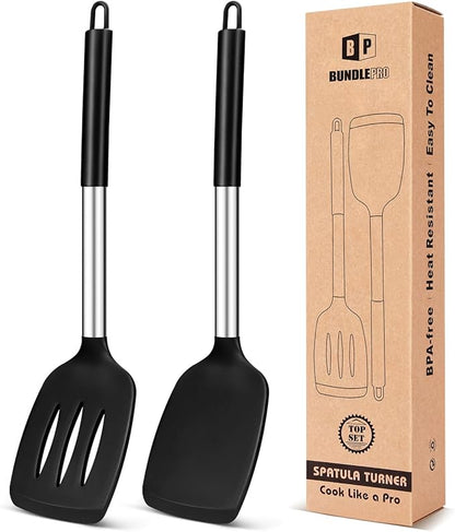Pack of 2 Silicone Solid Turner, Non Stick Slotted Kitchen Spatulas, High Heat Resistant BPA Free Cooking Utensils, Ideal Cookware for Fish, Eggs, Pancakes(Black) by BUNDLEPRO