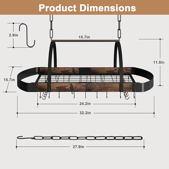 Hanging Pot Rack,32-Inch Ceiling Pot Rack for Kitchen,Space-Saving Pot Hanger with 16 Detachable S Hooks,Sturdy Metal Frame,Industrial Style,for Pot, Pan Storage,Space-Saving - Image 2