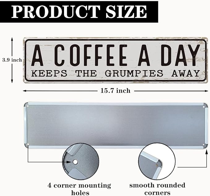 Coffee Signs Decor, A Coffee A Day Keeps the Grum Pies Away Sign, Farmhouse Wall Decor for Home, Vintage Bar or Dorm, Retro Metal Tin Sign, Decorative Metal Wall Signs 15.8x4 Inches - Image 2