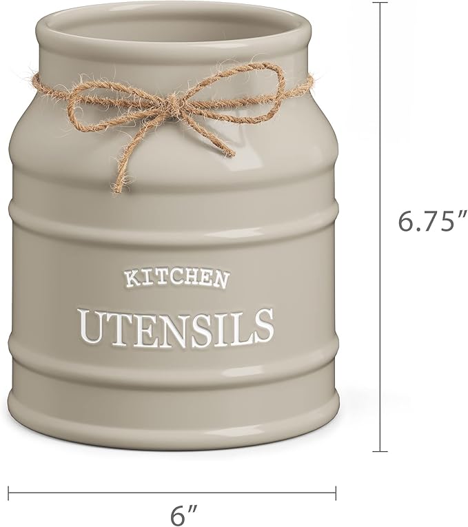 Barnyard Designs Ceramic Farmhouse Utensil Holder for Kitchen Counter, Large Rustic Utensil Crock, Countertop Cooking Tool Spatula Organizer, 6.75” (Taupe) - Image 7