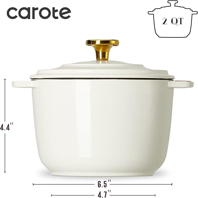 CAROTE 2QT Enameled Cast Iron Dutch Oven Pot with Lid, Mini Round, White