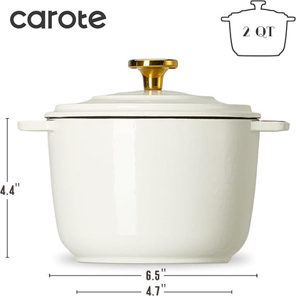 CAROTE 2QT Enameled Cast Iron Dutch Oven Pot with Lid, Mini Round, White