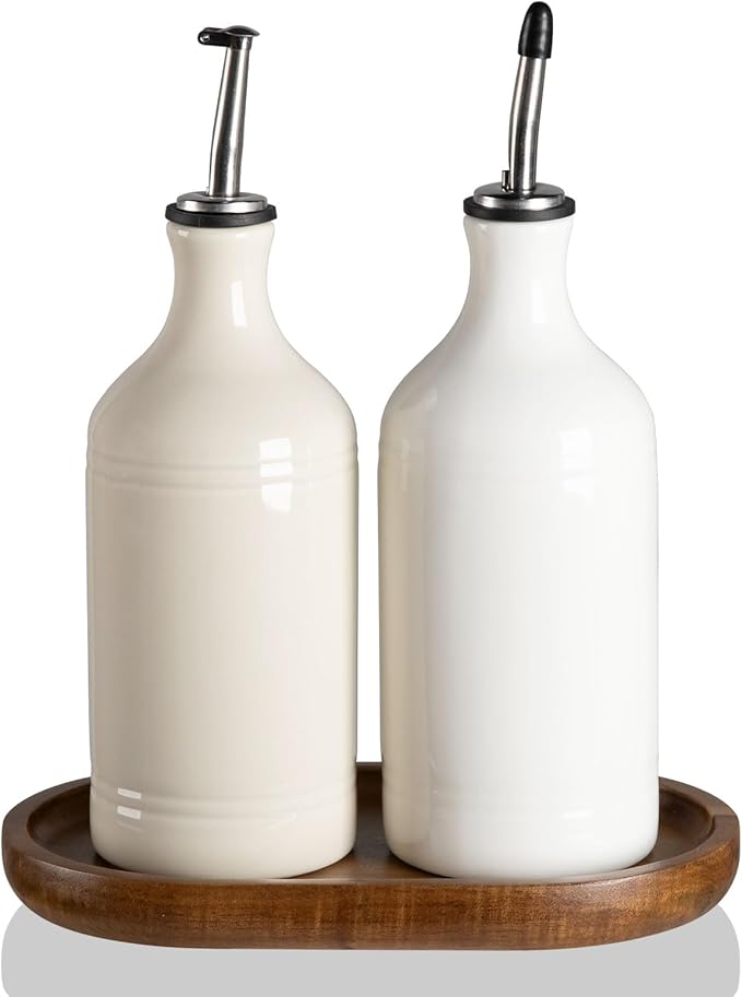 Sweejar Ceramic Olive Oil Dispenser Bottle Set, Opaque Oil Cruet Protects to Reduce Oxidation, Suitable For Storage Of Vinegar, Soy Sauce & Other Liquids,Pack of 2,15.5 Fl Oz (Beige Fogblue) by Sweejarco1949