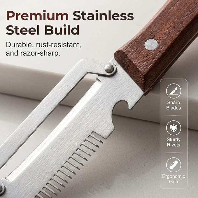 Multi-Functional Vegetable Peeler for Kitchen, Stainless Steel Blade with Wooden Handle and Bottle Opener, Scallion Shredder, Kitchen Tool for Fruit Veggie (2 PCS) - Image 4