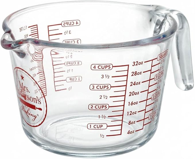 Mrs. Anderson's Baking Glass Measuring Cup, Borosilicate Glass, Precision Measures, For Hot And Cold Liquids, 4 Cup Capacity