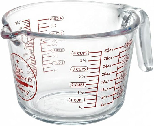 Mrs. Anderson's Baking Glass Measuring Cup, Borosilicate Glass, Precision Measures, For Hot And Cold Liquids, 4 Cup Capacity