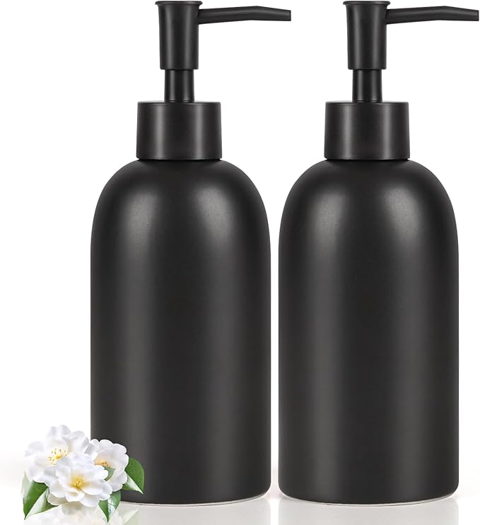 Natheeph 14OZ Ceramic Soap Dispenser Ceramic Soap Pump Dispenser Can Fill Liquid for Bathroom/Kitchen (2PC Black) by Natheeph