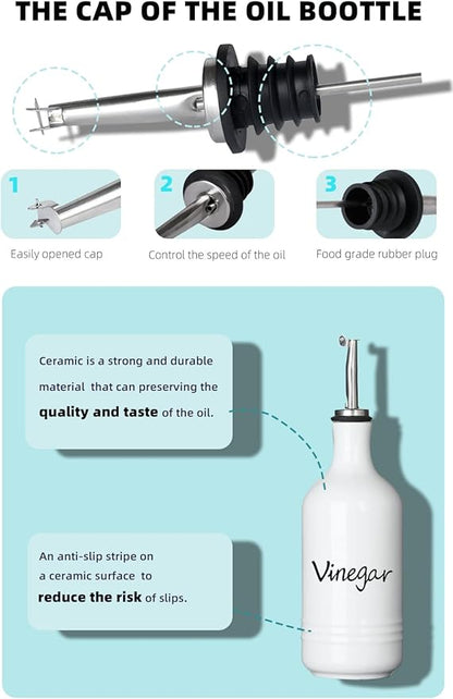 Farmhouse Ceramic Oil and Vinegar Dispenser Bottle Set, Perfect for Storage of Oil and Vinegar,15 oz (White)