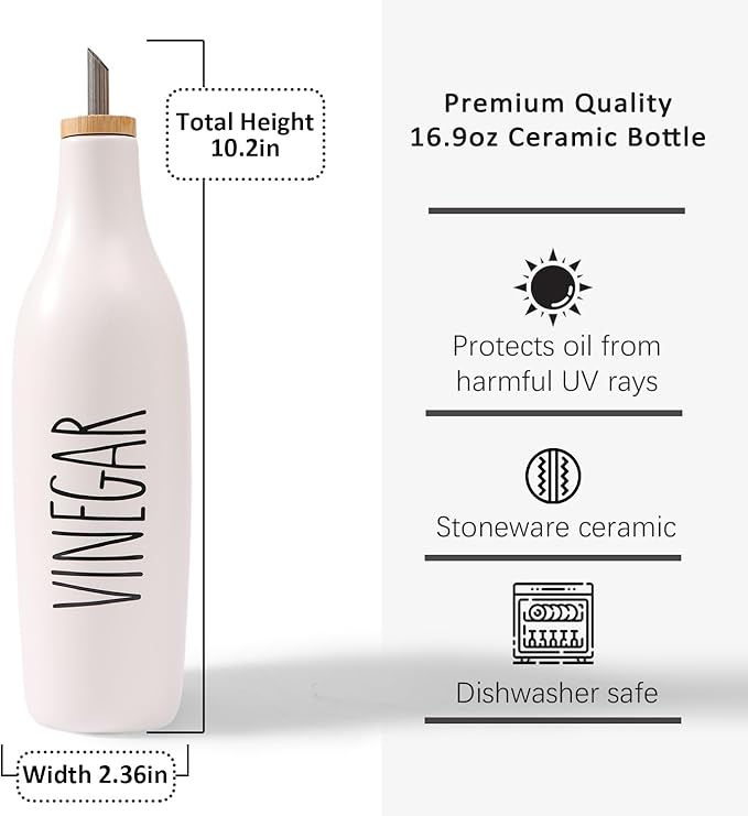 HOMCDALY Ceramic Olive Oil Dispenser for Kitchen, Stoneware 16oz Oil and Vinegar Bottles Dispenser, Kitchen Dispenser Bottle for EVOO Vinegar Syrups, Modern Farmhouse Design(W-V) - Image 2