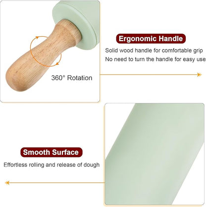 HARFINGTON Silicone Rolling Pins for Baking 12 Inch Wooden Handle Non Stick Rolling Pin Small Roller Playdough Rolling Pins for Dough Pizza Pastry Fondant Kitchen, Light Green