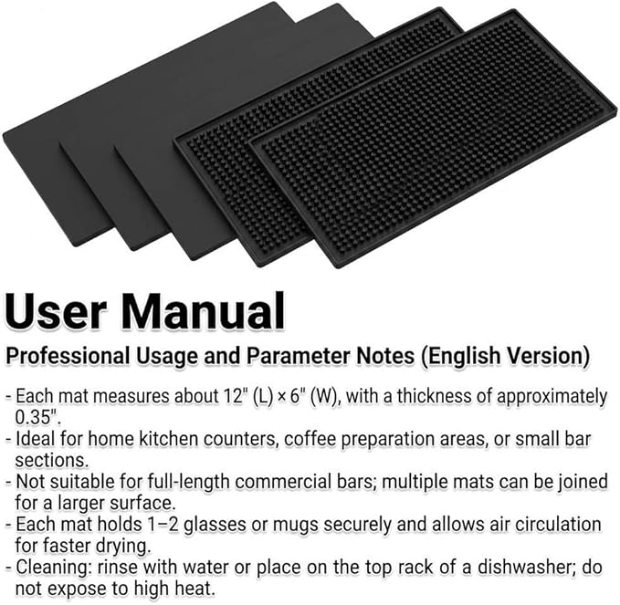 QWORK 12"x6" Black Rubber Bar Mat – 6 Pack Non-Slip Drainage Pad for Coffee Stations, Home Bars & Kitchens - Image 7