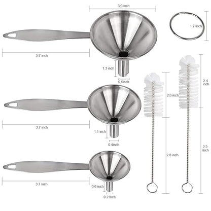 YGDZ Kitchen Funnel for Filling Bottles, 3pcs Metal Stainless Steel Small Mini Funnels for Essential Oils Liquid, Long Handle Funnel Set, 2pcs Cleaning Brushes