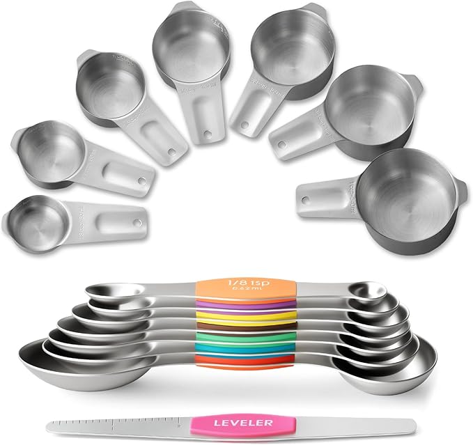 Stainless Steel Measuring Cups & Spoons Set, EWFEN Kitchen Tools Nesting Measuring Cups and Spoons, Fits in Spice Jars for Baking & Cooking, BPA Free, Set of 15 with Leveler, Multicolor by EWFEN