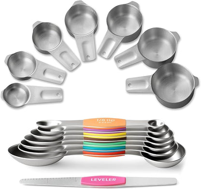 Stainless Steel Measuring Cups & Spoons Set, EWFEN Kitchen Tools Nesting Measuring Cups and Spoons, Fits in Spice Jars for Baking & Cooking, BPA Free, Set of 15 with Leveler, Multicolor by EWFEN
