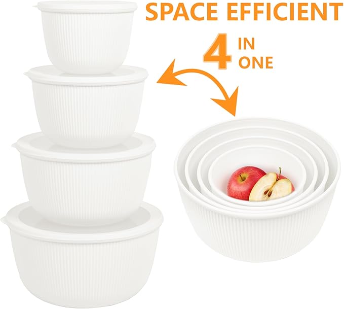BoxedHome Mixing Bowls with Lids Set, 4 Packs BPA-Free Plastic Prep Bowls for Kitchen, Dishwasher & Microwave Safe, Large Capacity, Beige - Image 3