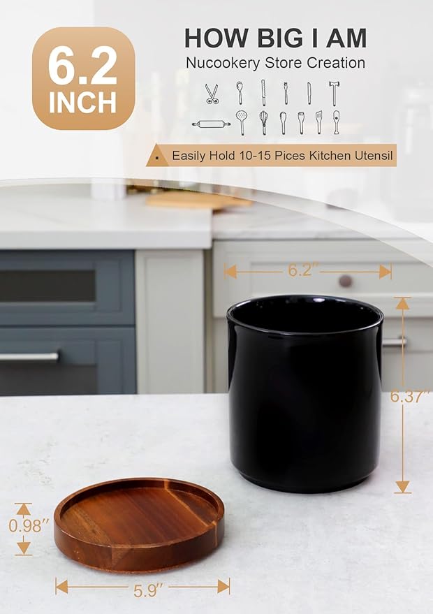 Nucookery 360°Rotating Utensil Holder, 7.2" Large Utensil Crock, White Ceramic Cooking Utensil Organizer,Farmhouse Kitchen Decor Christmas Thanksgiving Gift (Black) - Image 2