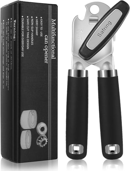Safring Can Opener Manual, Heavy Duty Handheld Strong Can Opener with Soft Touch Handle, Sharp Blade Smooth Edge, Can Openers with Multifunctional Bottle Opener, Black by Safring