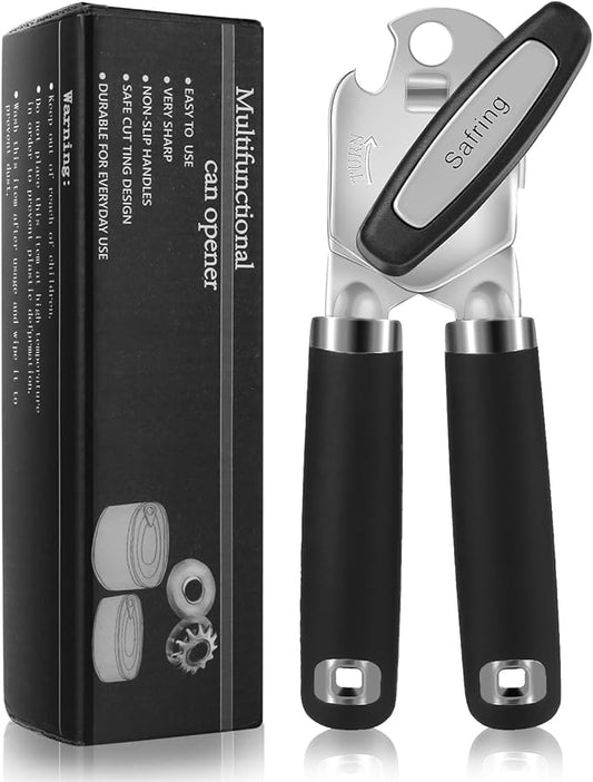 Safring Can Opener Manual, Heavy Duty Handheld Strong Can Opener with Soft Touch Handle, Sharp Blade Smooth Edge, Can Openers with Multifunctional Bottle Opener, Black by Safring