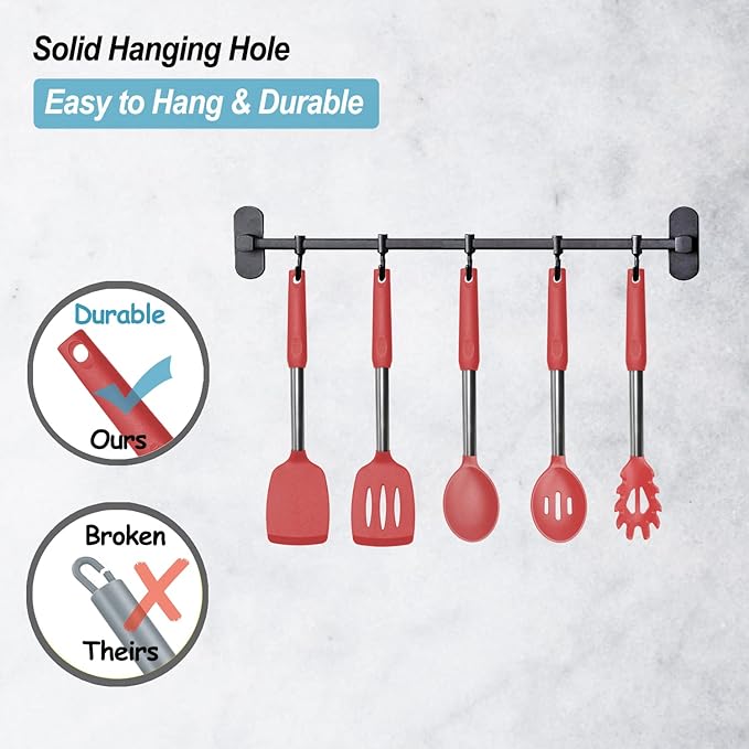 Silicone Spatula and Cooking Spoon,5 Pack Non-Stick Cooking Utensils for Kitchen，Heat Resistant Solid & Slotted Spoons and Spatulas, Stainless Steel Handle Coated with Silicone,Red - Image 6
