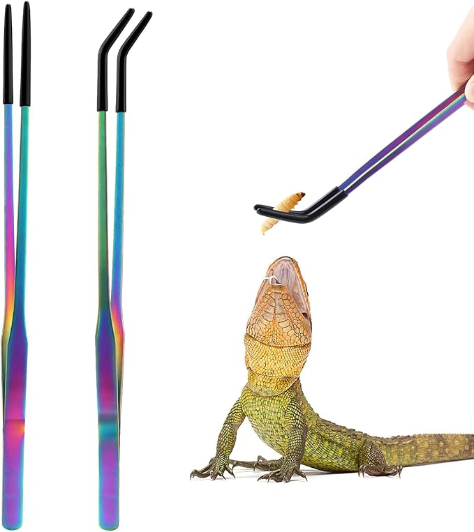 OLIISS Stainless Steel Reptile Feeding Tongs with Rubber Tip - 10.6" Straight & Curved Tweezers for Aquariums & Crafts - Feeder Tools for Bearded Dragons & Lizards - Terrarium Tank Supplies - 2 Pack by TEXSENS