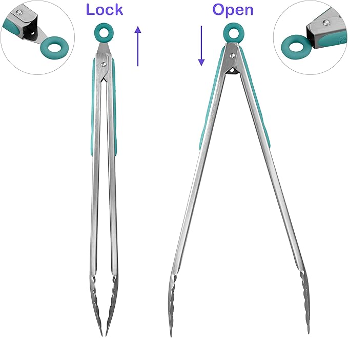 304 Stainless Steel Kitchen Cooking Tongs, 14" and 16" Set of 2 Sturdy Grilling Barbeque Brushed Locking Food Tongs with Ergonomic Grip, Aqua Sky - Image 3