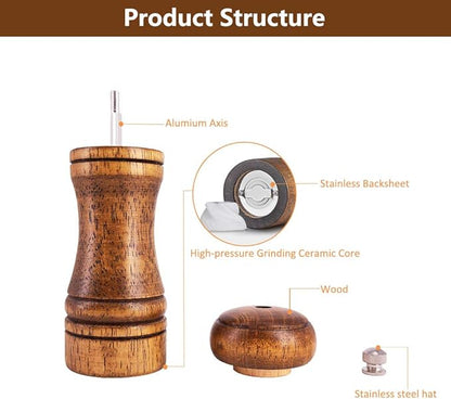 Salt and Pepper Grinders Set,Ouktor Manual Wooden Salt and Pepper Mills Shakers, Ceramic Rotor with Strong Adjustable Coarseness (5.5inch) - Image 3