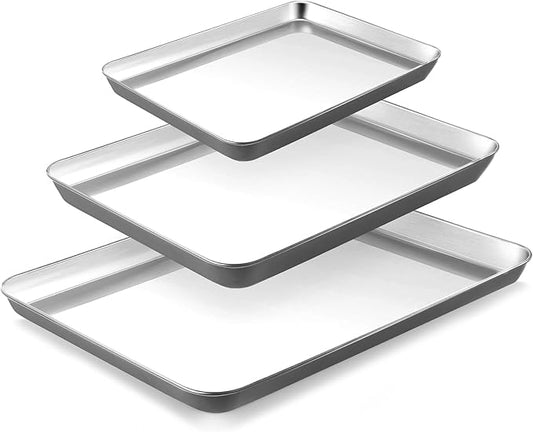 BRONYPRO Stainless Steel Baking Sheet Pan Set of 3, Cookie Sheets 9/12/16 In, Non-Toxic Uncoated Interior (PFOA & PTFE Free), Solid Warp-Resistant Cooking Trays for Oven & Toaster, Gray Exterior by Bronypro