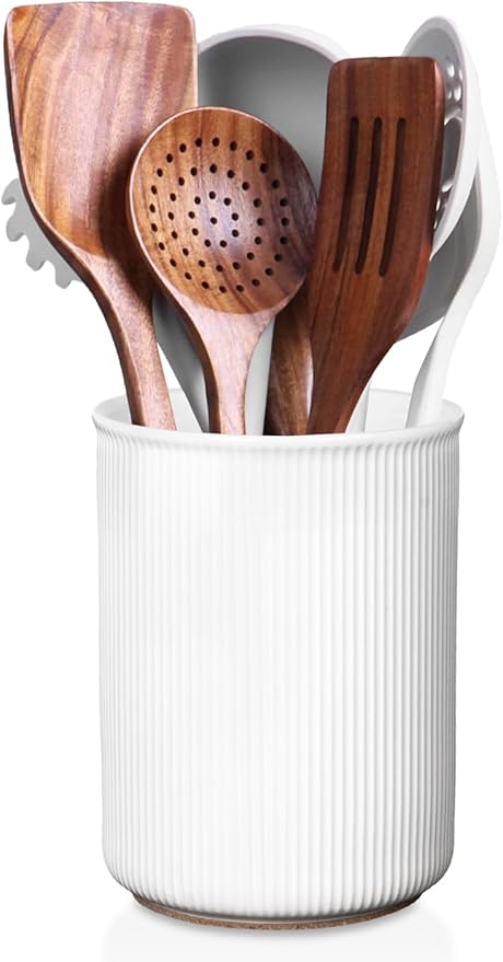 LoeJan 6.7" Utensil Holder, Ceramic Kitchen Utensil Holder with Cork Bottom, Large Utensil Crock for Countertop, Vintage Cooking Tool Organizer Set for Kitchen Counter Decor(White) by LoeJan